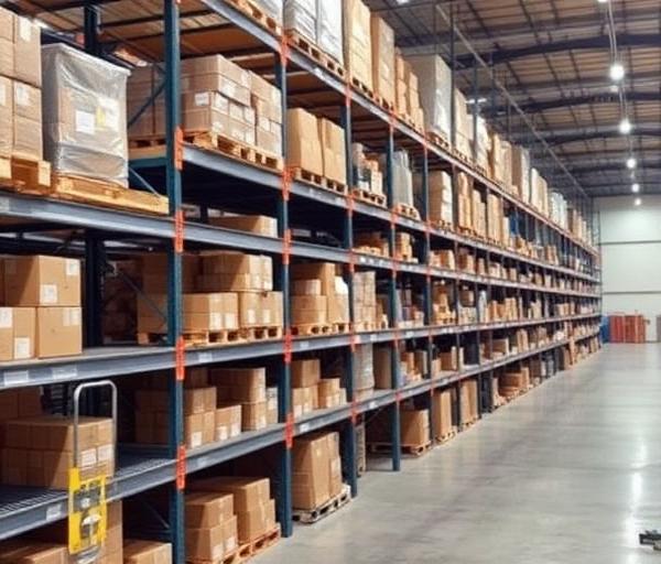 Bodega con estantería y cajas de suministros industriales